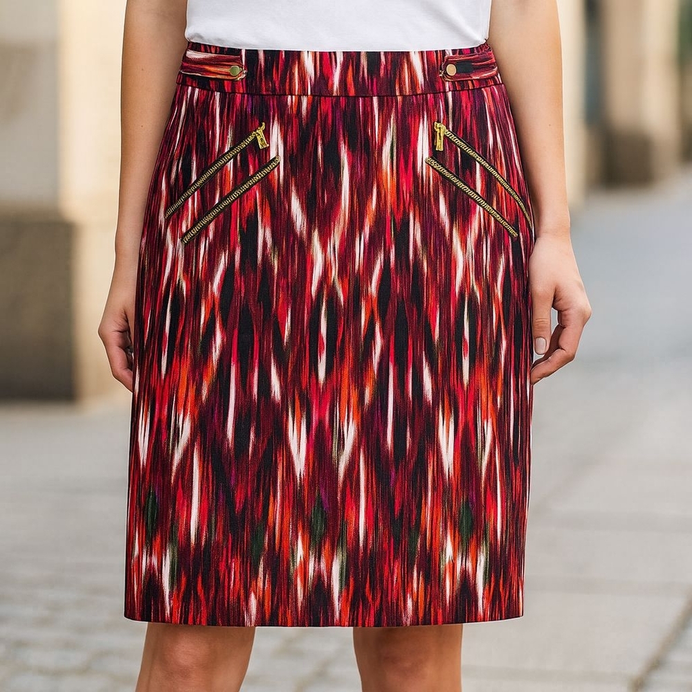 Calvin Klein Pencil Skirt Sz 10 Multicolor Print Gold Zippers